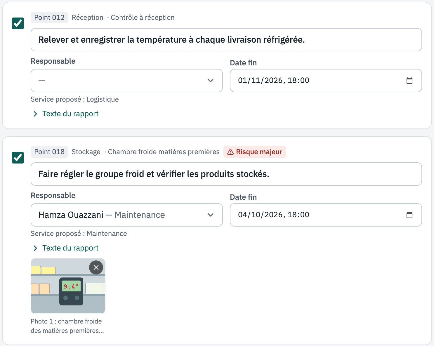 Deux actions proposées par Widy : la réception (service proposé Logistique, responsable à choisir) et la chambre froide (risque majeur, Maintenance, photo du thermomètre à 9,4 °C).