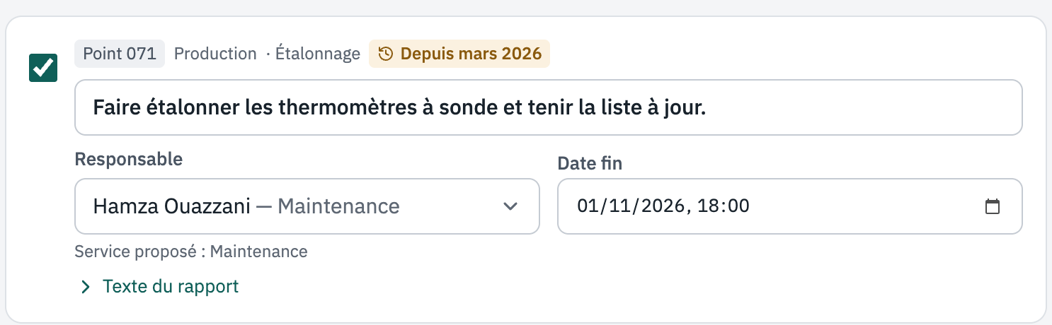 Action proposée pour le point 071, étalonnage des thermomètres, marquée Depuis mars 2026.