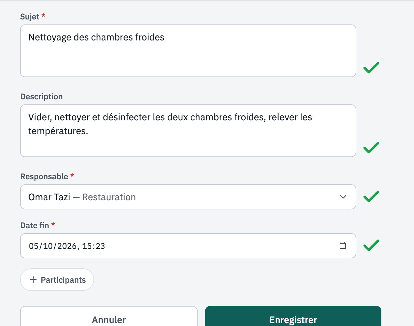 Formulaire d'une action : Sujet, Description, Responsable, Date fin.