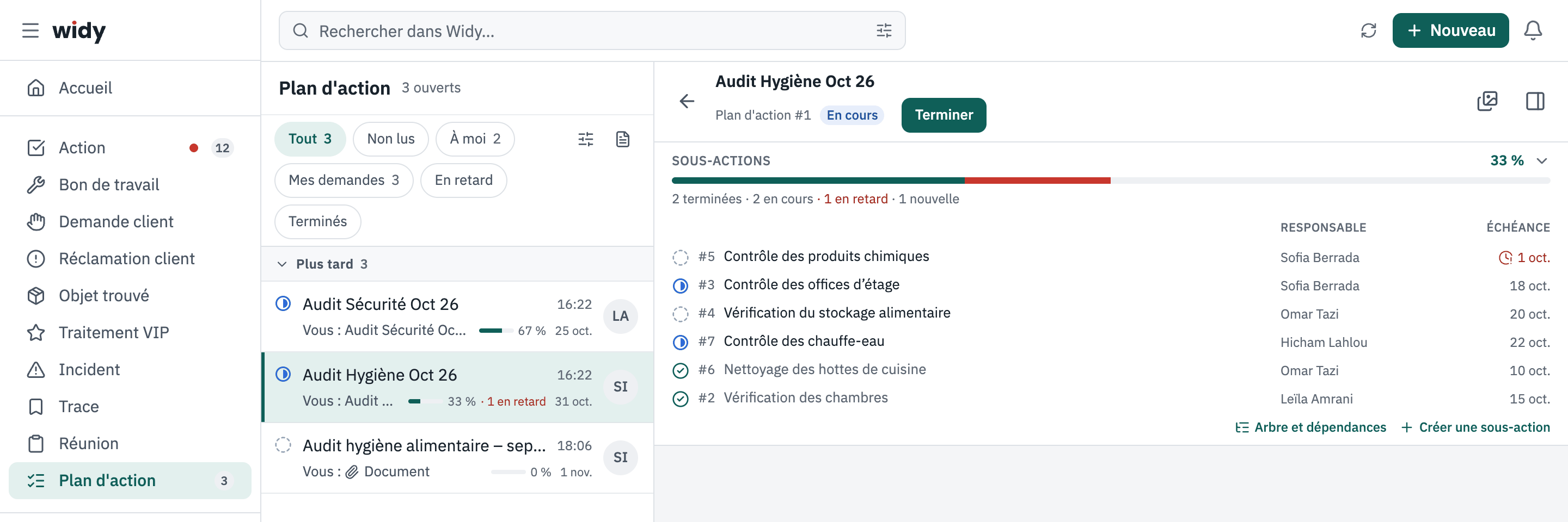 La page Plan d'action : la liste des plans à gauche, le plan Audit Hygiène Oct 26 ouvert à droite avec ses actions.
