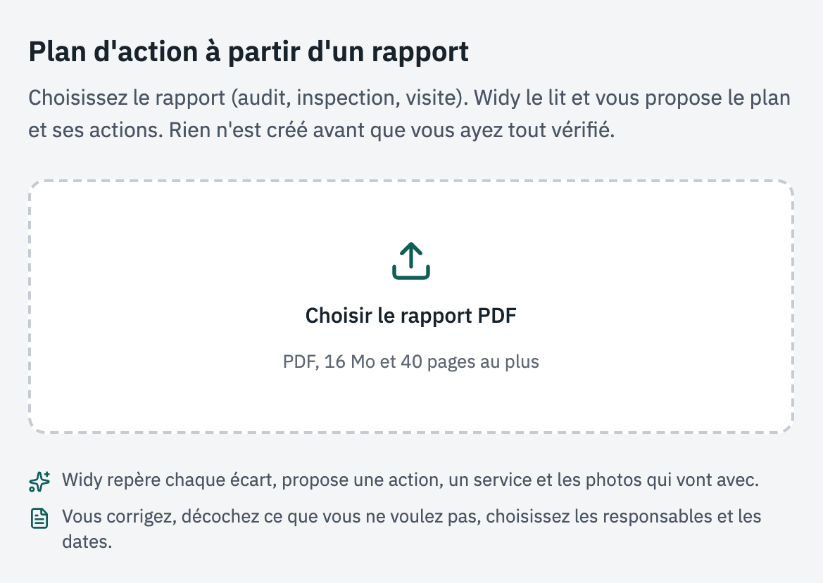 Écran Plan d'action à partir d'un rapport : le bouton Choisir le rapport PDF et ce que Widy va faire.