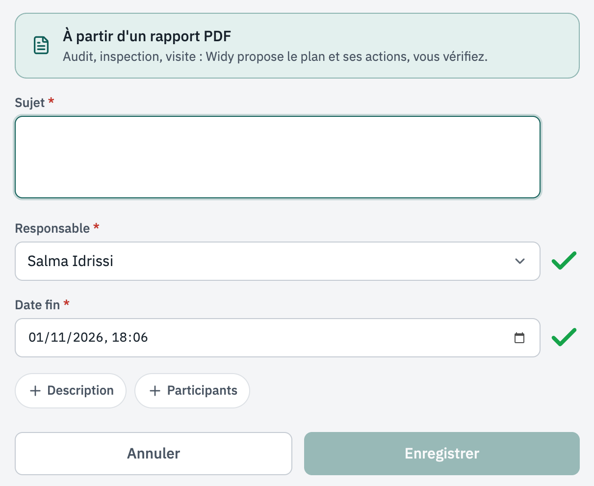 Formulaire d'un nouveau plan d'action : en haut, l'encadré À partir d'un rapport PDF.