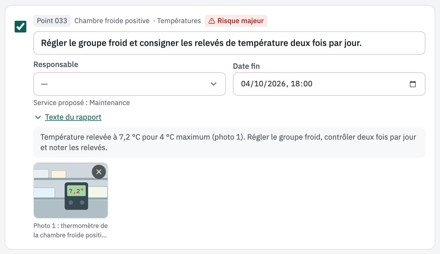 Une action proposée : point 033, chambre froide positive, risque majeur ; intitulé, responsable, service proposé Maintenance, date fin, texte du rapport et photo du thermomètre.